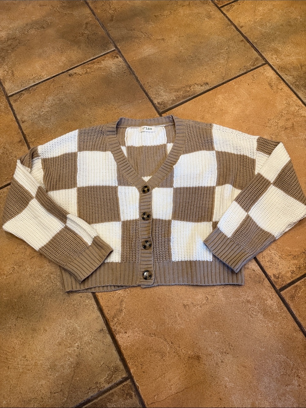 Checkerboard Cropped Cardigan Sweater in Taupe & White